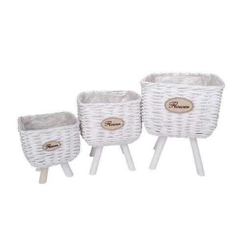 szögletes hasítottfa tál szett fa lábon Flower felirattal fehér 30x30x 22/37cm S/3 ZG-20204